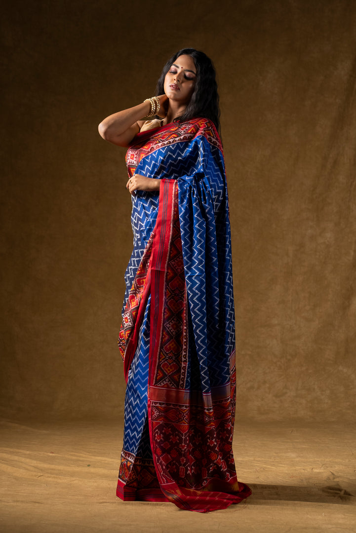 Blue and Red Ikat Silk Saree