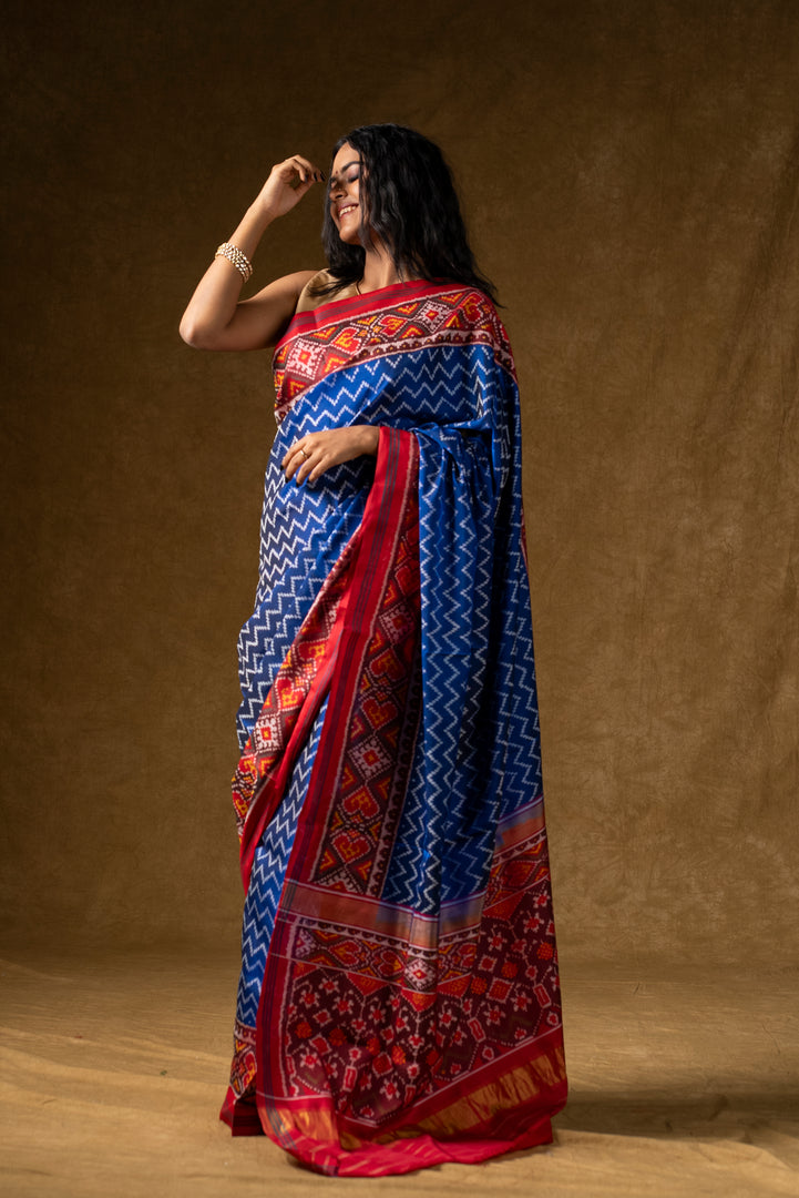 Blue and Red Ikat Silk Saree