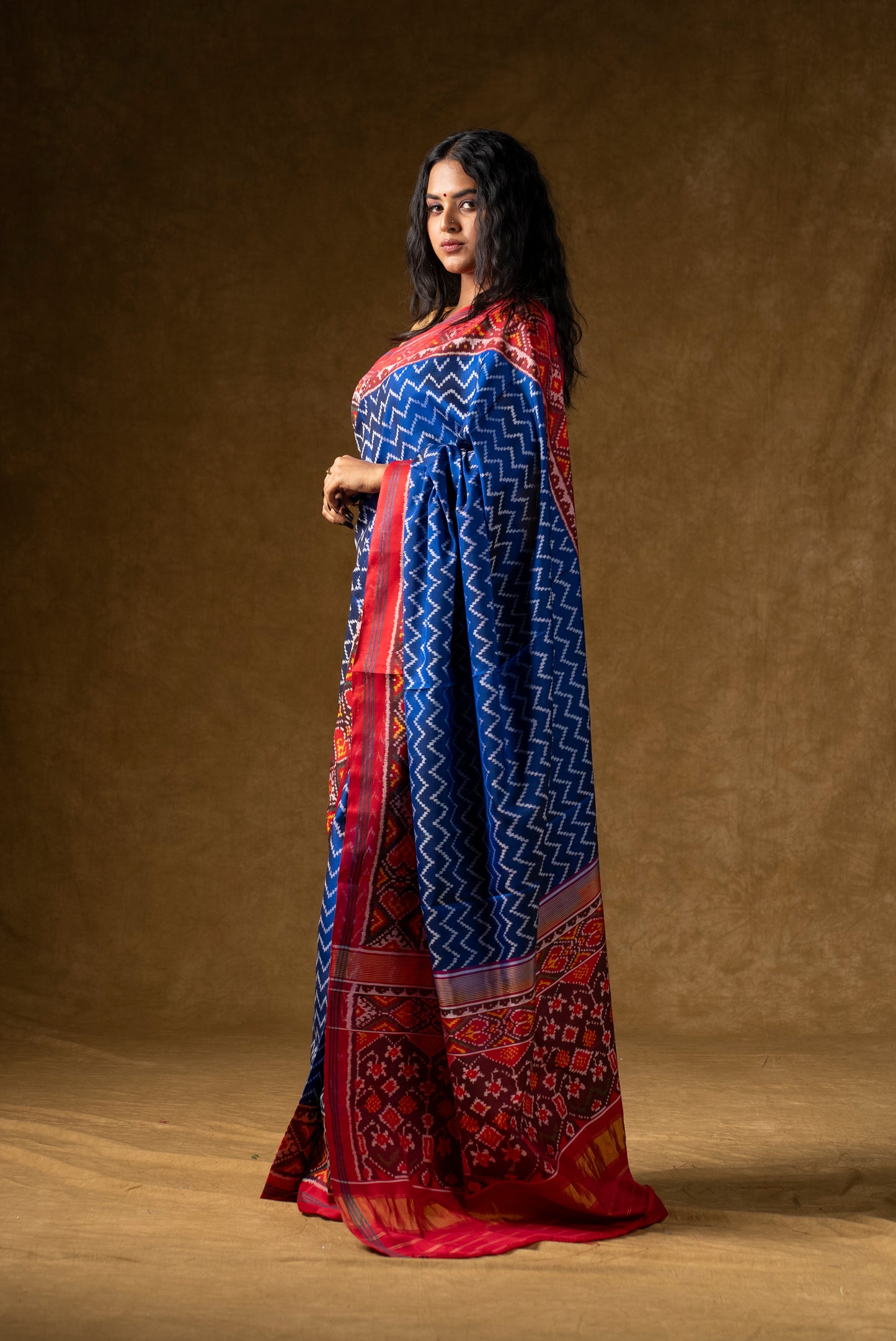 Blue and Red Ikat Silk Saree
