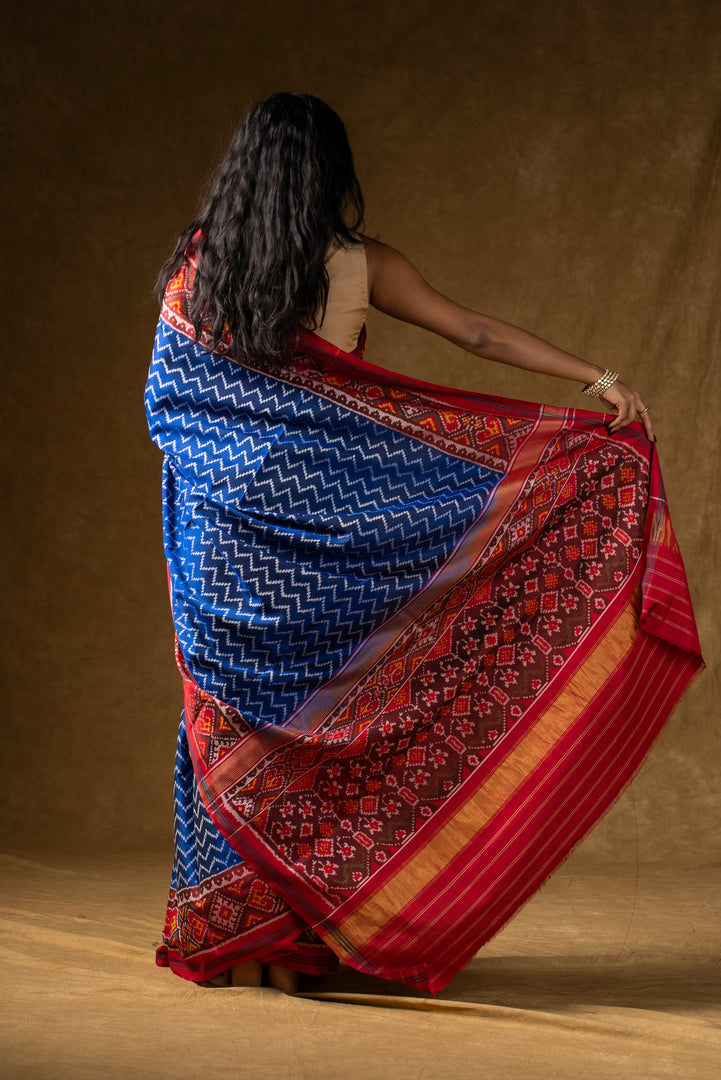 Blue and Red Ikat Silk Saree