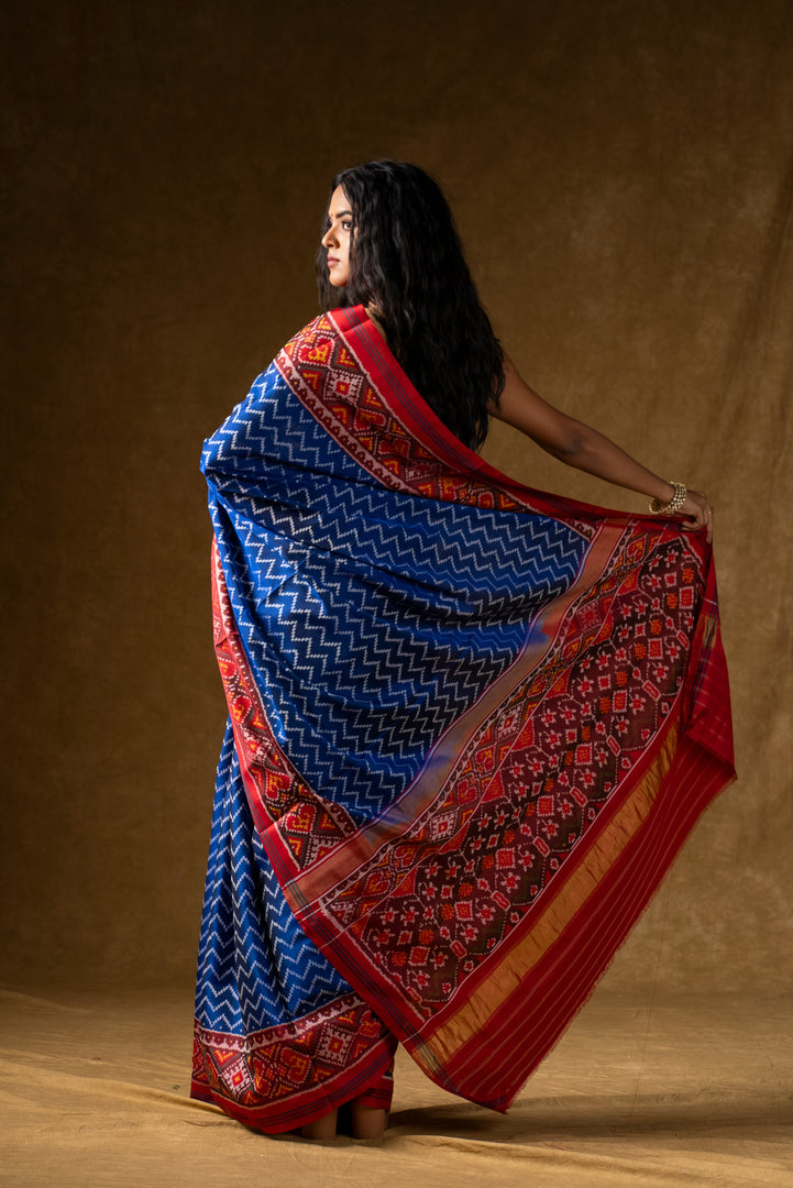 Blue and Red Ikat Silk Saree