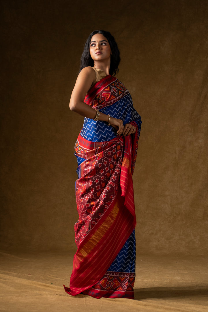 Blue and Red Ikat Silk Saree