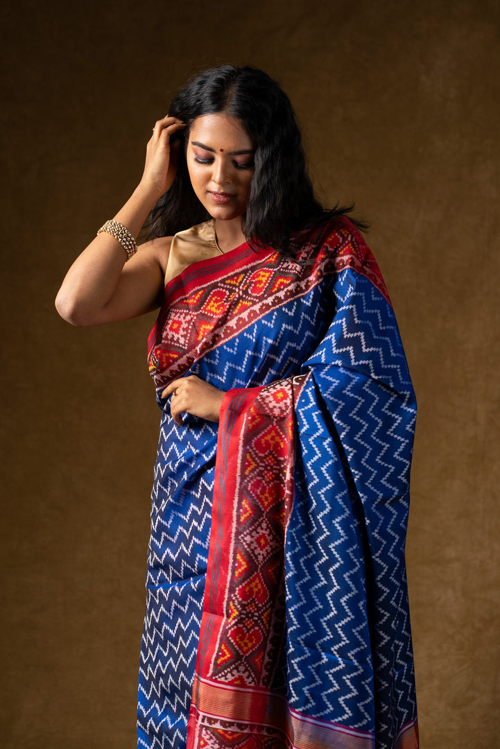 Blue and Red Ikat Silk Saree