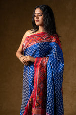 Load image into Gallery viewer, Blue and Red Ikat Silk Saree
