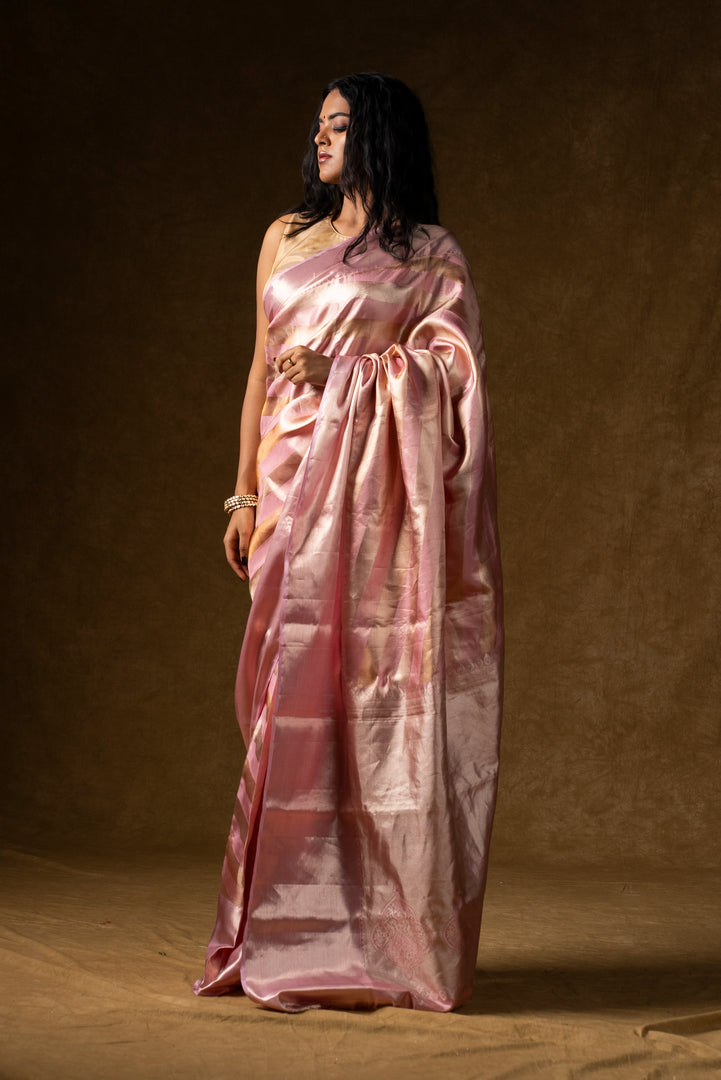 Pink Satin Silk Saree with Subtle Stripes