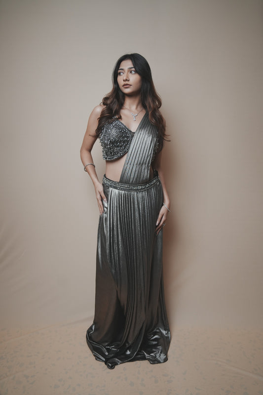 Metallic Glass Tissue Drape Saree with Self Pearl Embroidery