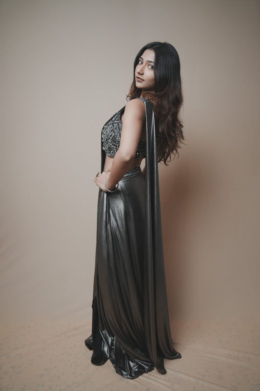 Metallic Glass Tissue Drape Saree with Self Pearl Embroidery