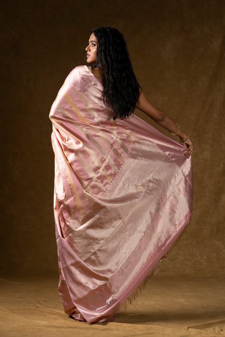 Pink Satin Silk Saree with Subtle Stripes