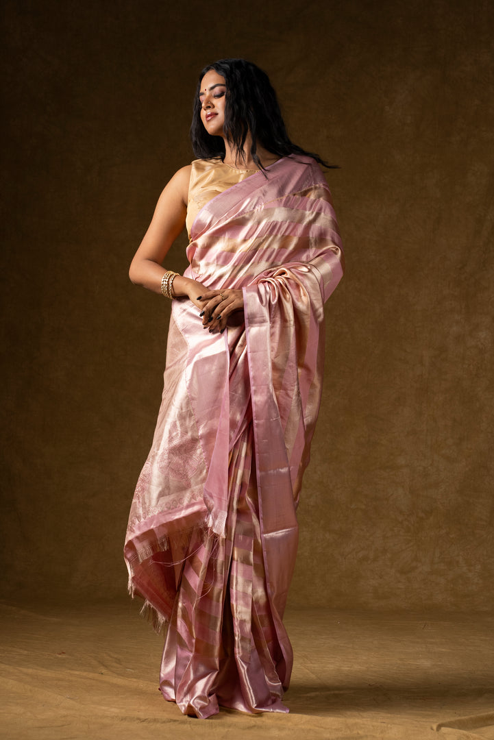 Pink Satin Silk Saree with Subtle Stripes