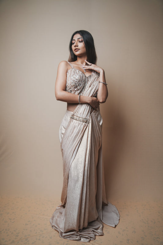 Champagne Glass Tissue Drape Saree with Self Pearl Embroidery