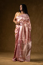 Load image into Gallery viewer, Pink Satin Silk Saree with Subtle Stripes
