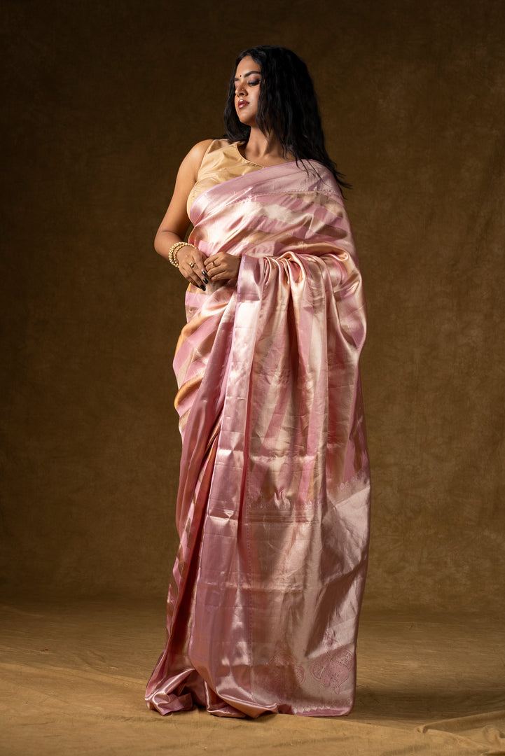 Pink Satin Silk Saree with Subtle Stripes