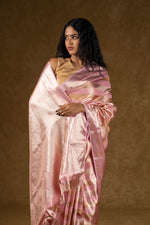 Load image into Gallery viewer, Pink Satin Silk Saree with Subtle Stripes
