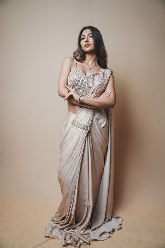 Champagne Glass Tissue Drape Saree with Self Pearl Embroidery
