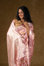 Load image into Gallery viewer, Pink Satin Silk Saree with Subtle Stripes
