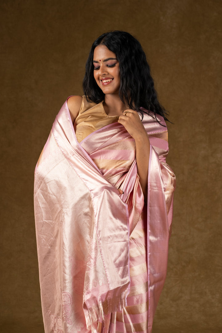 Pink Satin Silk Saree with Subtle Stripes