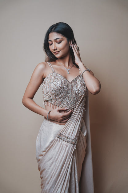 Champagne Glass Tissue Drape Saree with Self Pearl Embroidery