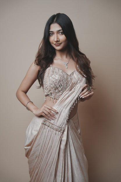 Champagne Glass Tissue Drape Saree with Self Pearl Embroidery