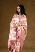 Load image into Gallery viewer, Pink Satin Silk Saree with Subtle Stripes
