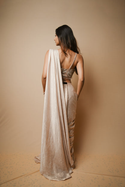 Champagne Glass Tissue Drape Saree with Self Pearl Embroidery