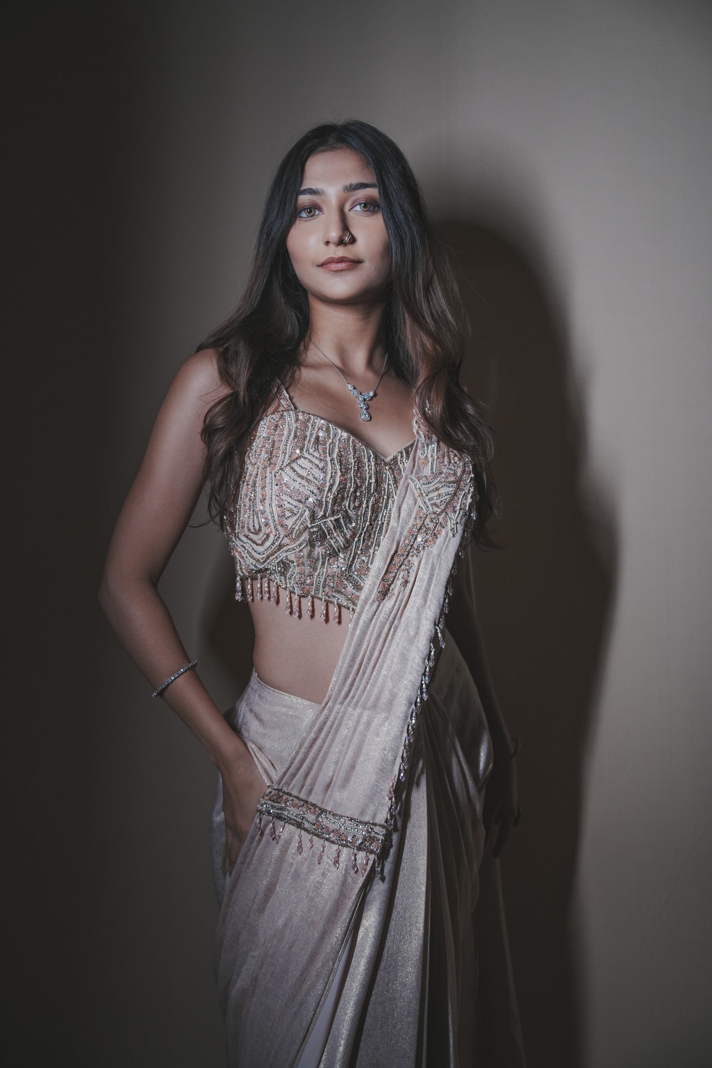 Champagne Glass Tissue Drape Saree with Self Pearl Embroidery