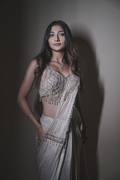 Champagne Glass Tissue Drape Saree with Self Pearl Embroidery