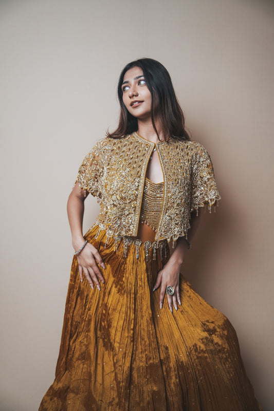 Golden Crushed Silk Indo-Western Gown with Mukesh, Sequin & Kadana Work