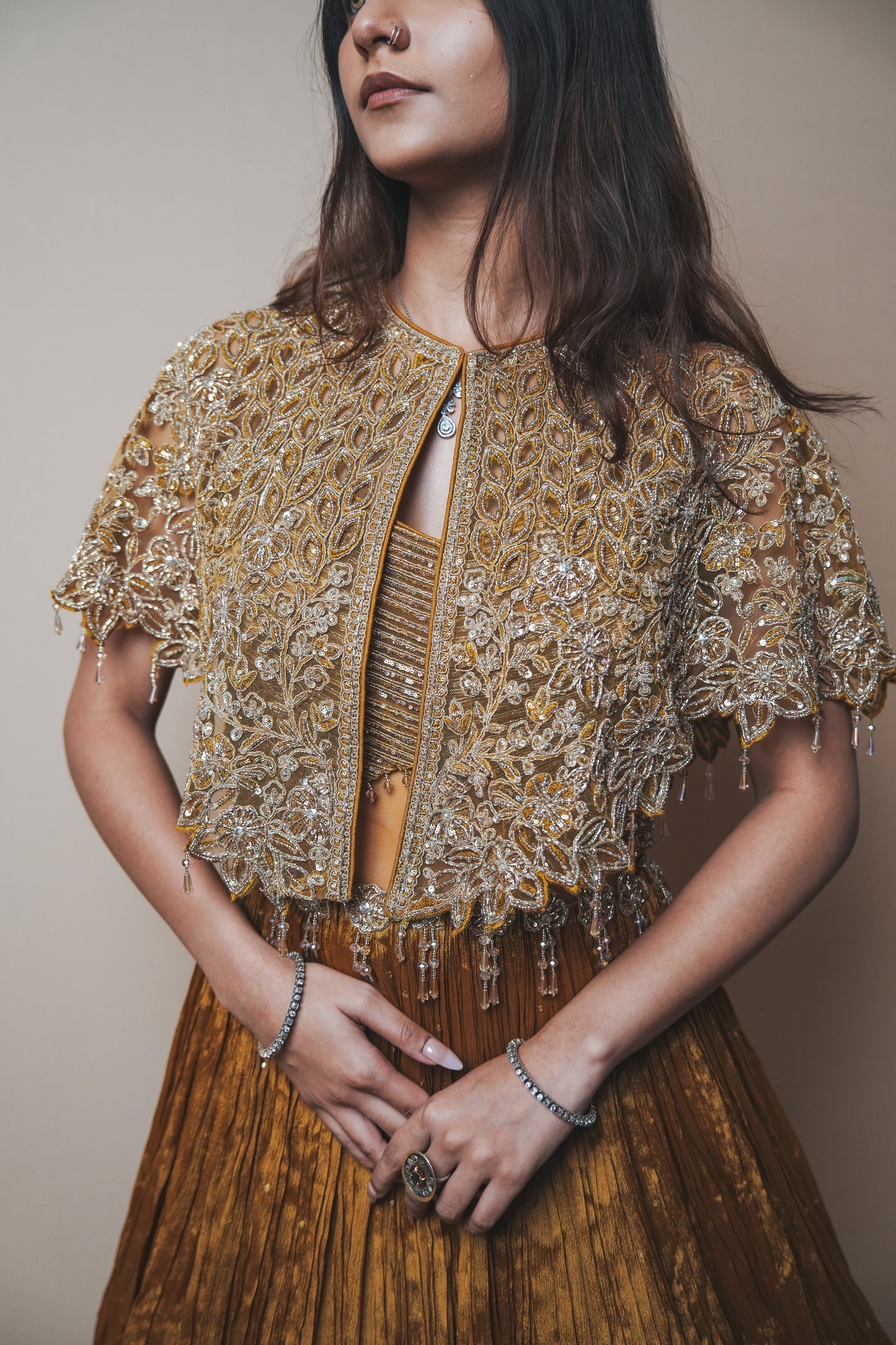 Golden Crushed Silk Indo-Western Gown with Mukesh, Sequin & Kadana Work