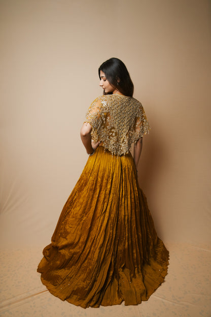 Golden Crushed Silk Indo-Western Gown with Mukesh, Sequin & Kadana Work