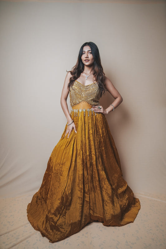 Golden Crushed Silk Indo-Western Gown with Mukesh, Sequin & Kadana Work