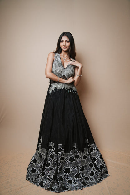 Elegant Black Georgette Evening Gown with Sequin Detailing