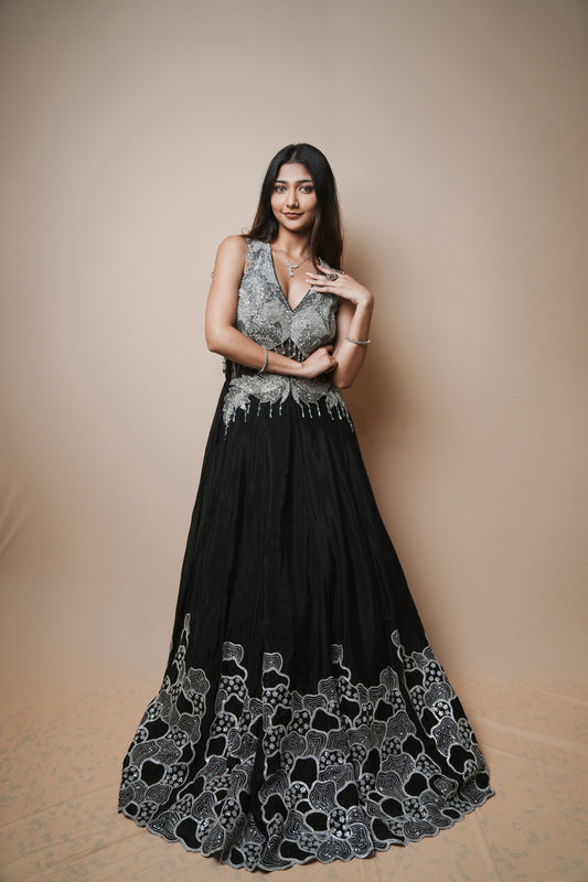 Elegant Black Georgette Evening Gown with Sequin Detailing