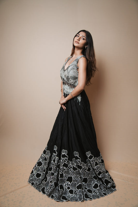 Elegant Black Georgette Evening Gown with Sequin Detailing
