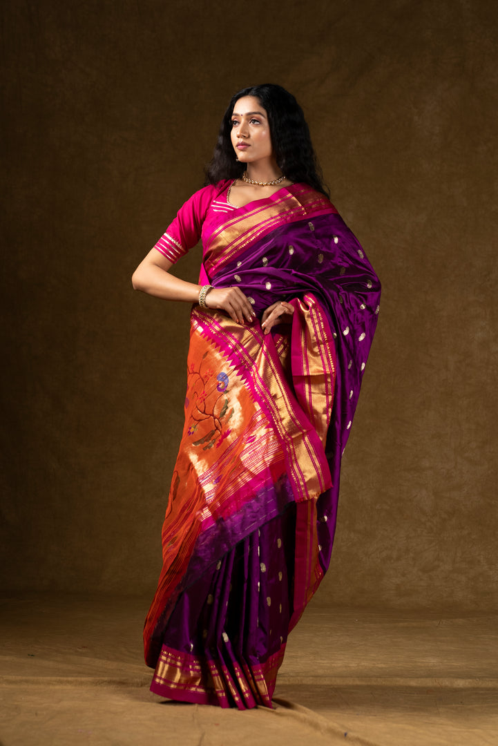 Purple Silk Saree with Gold Zari Border