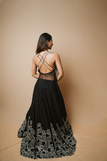 Elegant Black Georgette Evening Gown with Sequin Detailing