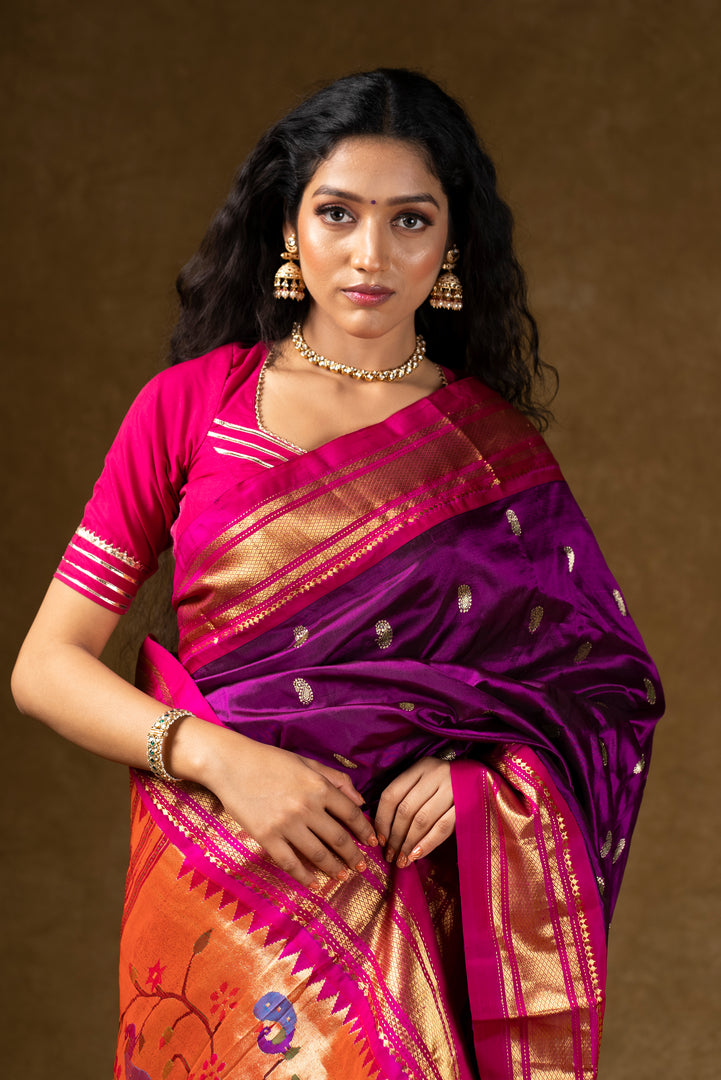 Purple Silk Saree with Gold Zari Border