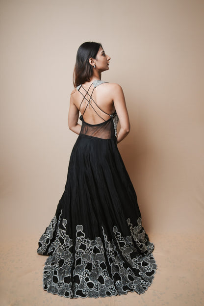 Elegant Black Georgette Evening Gown with Sequin Detailing