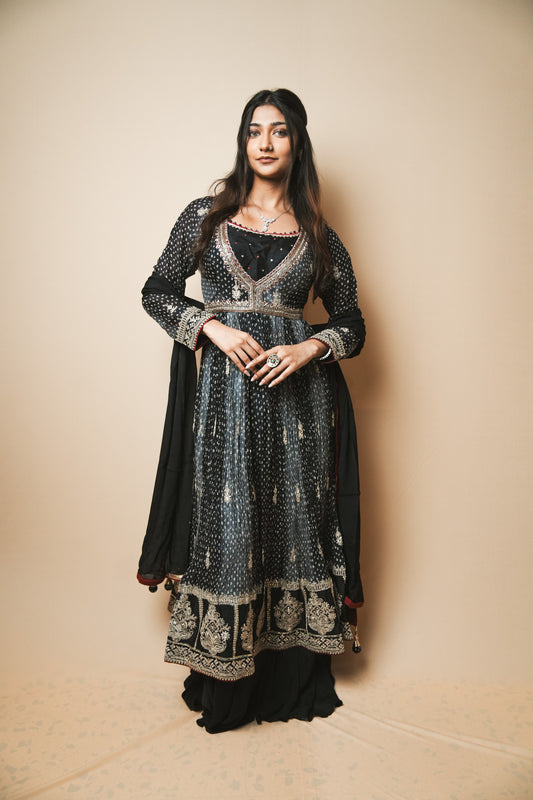 Designer Crepe Silk Bandhej Anarkali with Handcrafted Kasab & Pita Embroidery