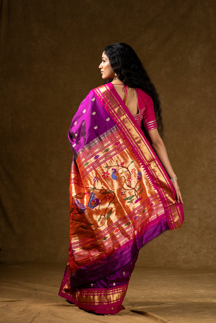 Purple Silk Saree with Gold Zari Border