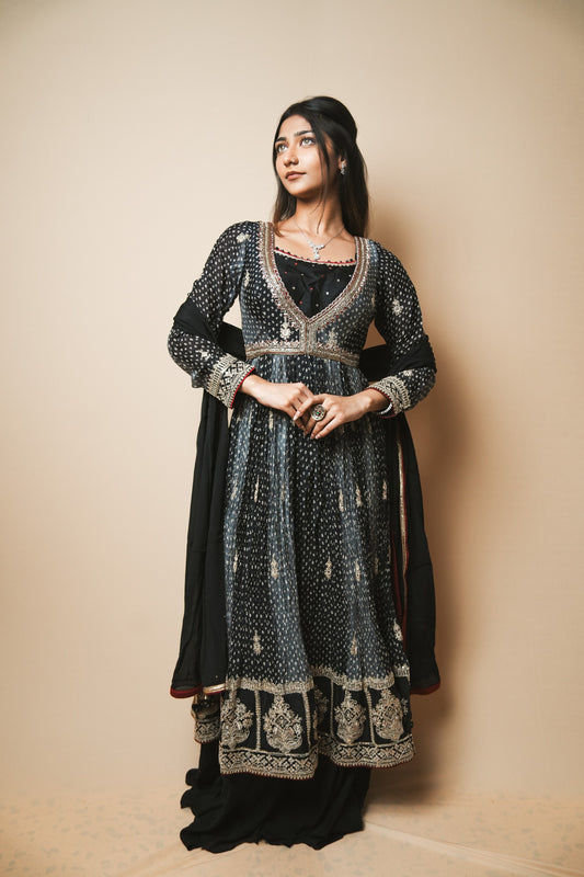 Designer Crepe Silk Bandhej Anarkali with Handcrafted Kasab & Pita Embroidery