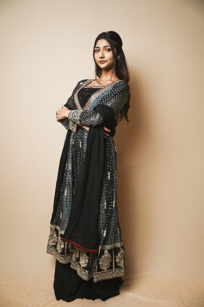 Designer Crepe Silk Bandhej Anarkali with Handcrafted Kasab & Pita Embroidery