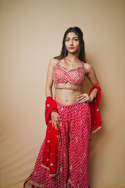 Elegant Pink Georgette Leheriya Plazo and Spaghetti Blouse with Jardozi Embroidery