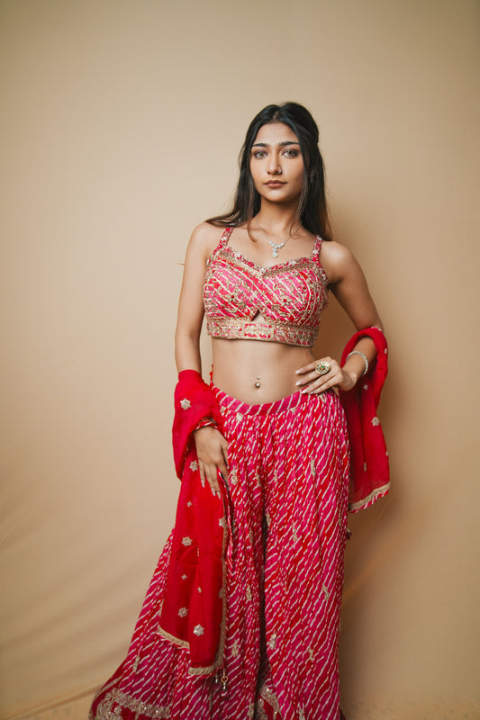 Elegant Pink Georgette Leheriya Plazo and Spaghetti Blouse with Jardozi Embroidery