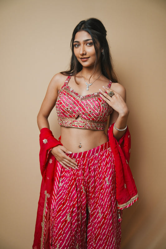 Elegant Pink Georgette Leheriya Plazo and Spaghetti Blouse with Jardozi Embroidery