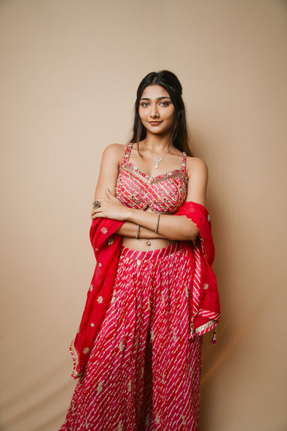 Elegant Pink Georgette Leheriya Plazo and Spaghetti Blouse with Jardozi Embroidery