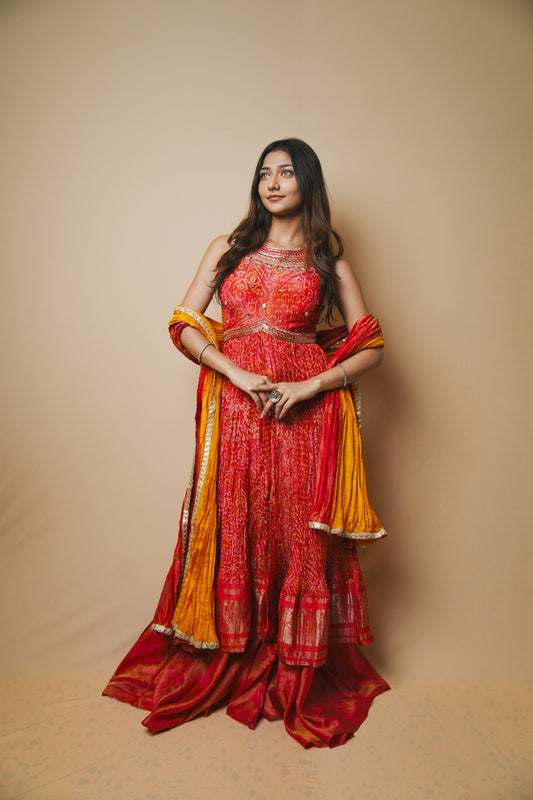Red Crushed Silk Bandhej Print Plazo Set with Long Top and Jardozi Embroidery