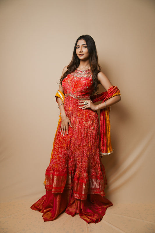 Red Crushed Silk Bandhej Print Plazo Set with Long Top and Jardozi Embroidery