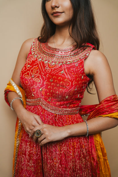 Red Crushed Silk Bandhej Print Plazo Set with Long Top and Jardozi Embroidery