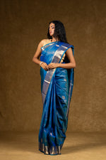 Load image into Gallery viewer, Blue Silk Saree with Silver Zari Accents
