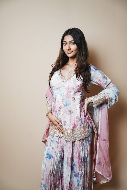 Silk Shibori Print Plazo Set with Pitta and Sequin Embroidery